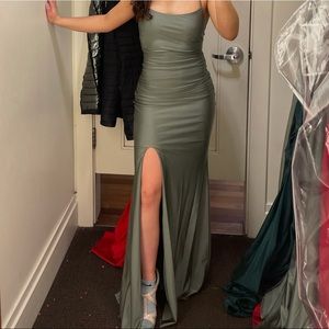 La Scala Back Lace Up Prom Dress Shirring and Open Split